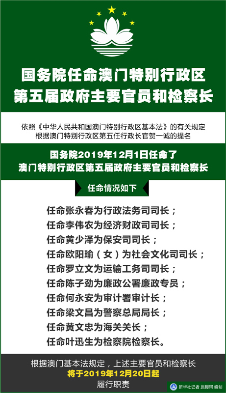 国务院任命澳门特别行政区第六届政府主要官员和检察长|界面新闻 · 快讯